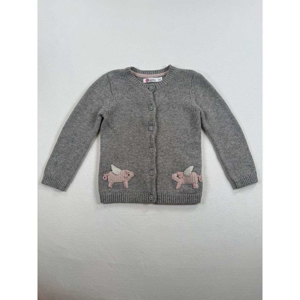 Baby Boden 4T Knit Cardigan Flying Pigs Farm Appliqué Gray Cotton Wool Button Up